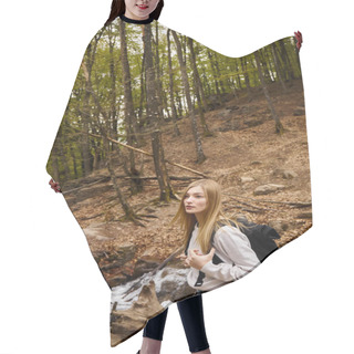 Personality  Woman Tourist With Backpack Standing At Footpath In Woodland Hiking At Autumn Forest Hair Cutting Cape