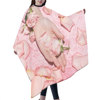 Personality  Cropped View Of Woman Holding Rose Among Petals On Velour Pink Cloth, Girlish Concept  Hair Cutting Cape