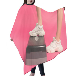 Personality  Cropped View Of Sportswoman Standing On Step Platform On Pink  Hair Cutting Cape