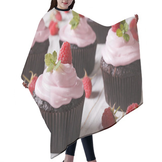 Personality  Chocolate Cupcakes With Cream And Fresh Raspberries Closeup. Hor Hair Cutting Cape