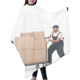 Personality  Full Length Of Indian Mover In Overalls Pulling Heavy Hand Truck With Carton Boxes On White Hair Cutting Cape