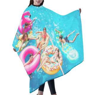 Personality  Group Of Many Happy Kids Friends Swim On Inflatable Ring Toys View From Above Hair Cutting Cape