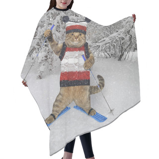 Personality  A Beige Cat Dressed In A Sweater And A Knitted Hat Is Skiing In The Winter Forest. Hair Cutting Cape