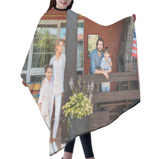 Personality  Parents And Children Standing On Country House Porch Hair Cutting Cape