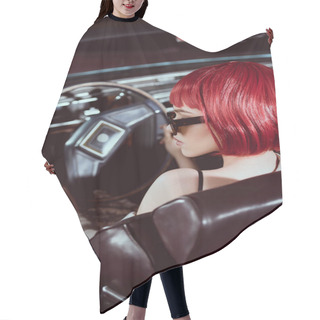 Personality  Young Woman In Red Wig And Sunglasses Driving Retro Car Hair Cutting Cape