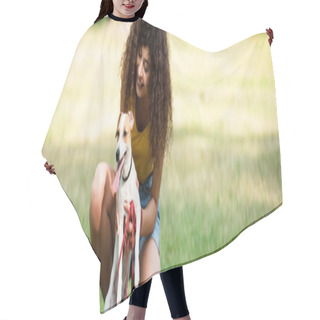 Personality  Panoramic Crop Of Young Woman Holding Jack Russell Terrier Dog Hair Cutting Cape