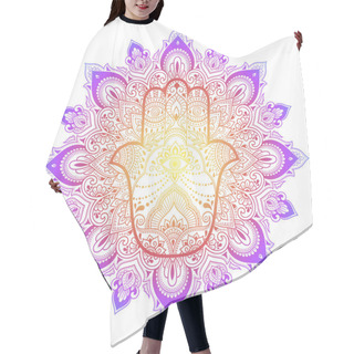 Personality  Color Circular Pattern In Form Of Mandala With Ancient Hand Drawn Symbol Hamsa For Decoration. Decorative Ornament In Oriental Style. Rainbow Design On White Background. 