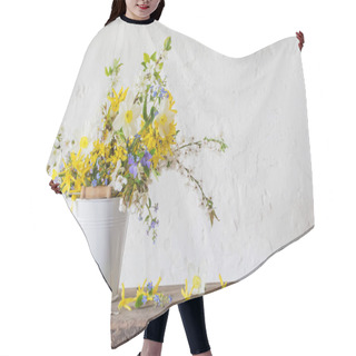 Personality  Spring Flowers In White Bucket On Old Wooden Table Hair Cutting Cape