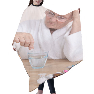 Personality  Unhappy Senior Citizen Taking Her Medication Hair Cutting Cape
