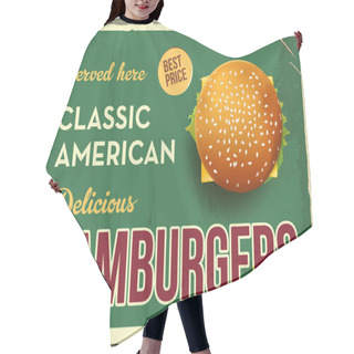 Personality  Grunge Retro Metal Sign With Hamburger. Classic American Fast Food. Vintage Poster With Cheesburger. Old Fashioned Design. Top View. Hair Cutting Cape