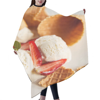 Personality  Close Up View Of Waffle Cones And Delicious Melting Ice Cream With Strawberries On Grey Hair Cutting Cape