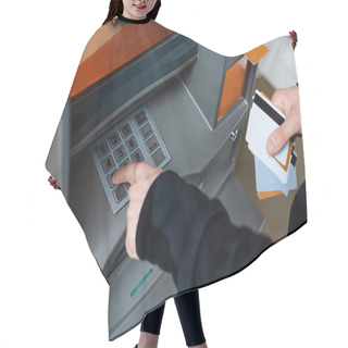 Personality  Cropped View Of Thief Using Atm While Holding Credit Cards  Hair Cutting Cape
