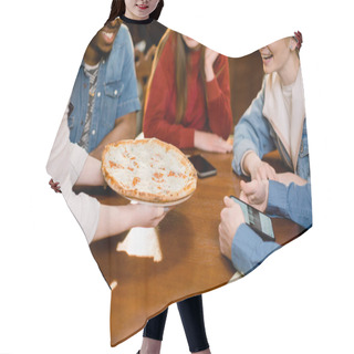 Personality  Young Caucasian Woman Waitress Bringing Pizza For Group Of Diverse Multiracial Friends In Cafe. Hair Cutting Cape