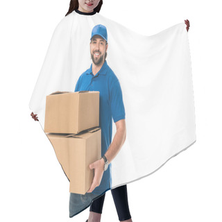 Personality  Handsome Happy Young Delivery Man Holding Cardboard Boxes And Smiling At Camera Isolated On White  Hair Cutting Cape