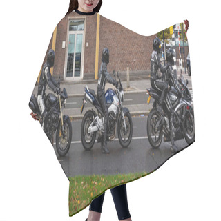 Personality  Group Of Motorcyclists In Leather Clothing And Helmets Waiting For The Green Traffic Light. Banner. Hair Cutting Cape