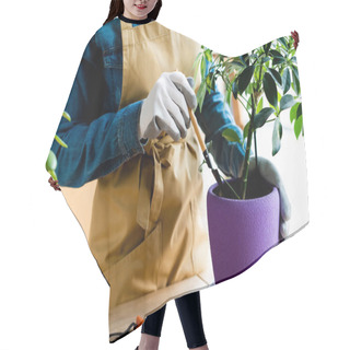 Personality  Cropped View Of Young Woman In Gloves Holding Rake Near Plant In Flowerpot  Hair Cutting Cape