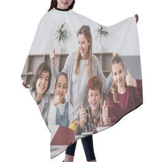 Personality  Excited Schoolkids And Teacher Showing Thumbs Up In Classroom Hair Cutting Cape