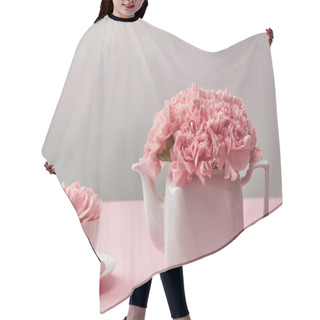 Personality  Beautiful Tender Pink Carnation Flowers In White Teapot And Cup On Grey     Hair Cutting Cape