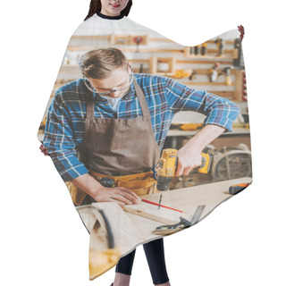 Personality  Selective Focus Of Carpenter In Goggles And Apron Holding Hammer Drill  Hair Cutting Cape