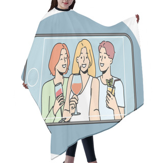 Personality  Happy Diverse People Drink Cocktails Make Selfie On Cellphone. Smiling Friends Enjoy Celebration Take Self-portrait Picture On Smartphone. Vector Illustration. Hair Cutting Cape