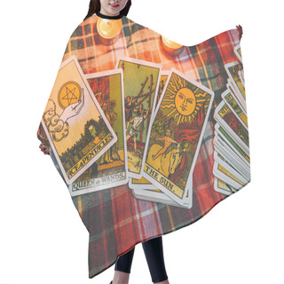 Personality  Tarot Reading With Tarot Card Background And Candlelight On The Table For Astrology Occult Magic Spiritual Horoscopes And Palm Reading Fortune Teller Tarot Reader  Hair Cutting Cape