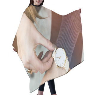 Personality  Close Up Fashion Details, Young Business Woman Holding Her Golden Watch. Graded In Warm Colors. Hair Cutting Cape