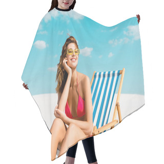 Personality  Smiling Beautiful Sexy Girl In Swimsuit And Sunglasses Sitting In Deck Chair On Sandy Beach With Blue Sky And Clouds Hair Cutting Cape