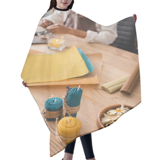 Personality  Dried Camomiles And Homemade Candles Near Wax Sheets And Cropped African American Craftswoman On Blurred Background Hair Cutting Cape