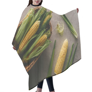 Personality  Top View Of Fresh Raw Corn Cobs In Basket On Concrete Surface  Hair Cutting Cape