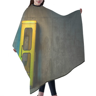 Personality  Single Old Yellow Phone Booth In Retro Style Standing On The Floor In Front Of The Concrete Wall At Night Time. Gloomy Poorly Lit Interior In Loft Style With Copy Space. 3D Rendering Hair Cutting Cape