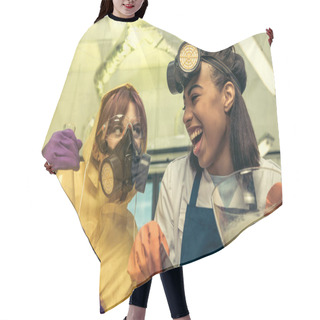 Personality  Woman Dividing Drugs In Laboratory Hair Cutting Cape