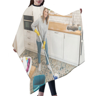 Personality  Photo Of Joyful Young Woman Housewife In Gloves Smiling While Mopping Floor At Modern Kitchen Hair Cutting Cape