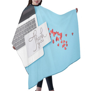 Personality  Top View Of Laptop And Card With Thank You Lettering And Paper Hearts On Blue Background Hair Cutting Cape