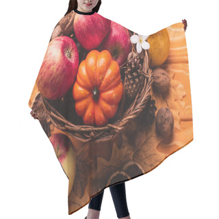 Personality  Wicker Basket With Autumnal Harvest On Wooden Background Hair Cutting Cape