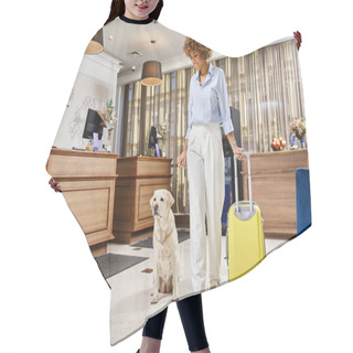 Personality  Happy Traveler With Her Labrador In A Pet-friendly Hotel Lobby, African American Woman With Dog Hair Cutting Cape