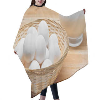Personality  Wicker Basket With White Eggs Near Glass Jar With Fresh Milk On Wooden Surface Hair Cutting Cape