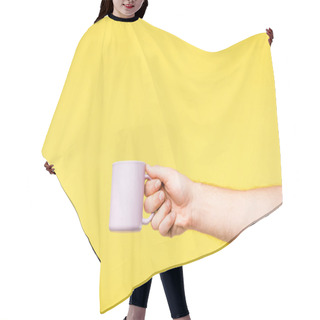Personality  Cropped Shot Of Person Holding White Cup Isolated On Yellow Hair Cutting Cape