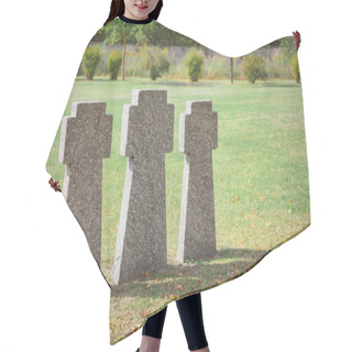 Personality  Selective Focus Of Memorial Stone Crosses Placed In Row On Grass At Graveyard Hair Cutting Cape