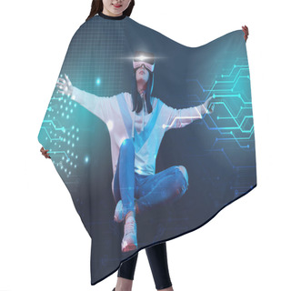 Personality  KYIV, UKRAINE - APRIL 5, 2019: Young Woman In Virtual Reality Headset With Joystick And Outstretched Hands Flying In Air Among Glowing Data Illustration On Dark Background  Hair Cutting Cape