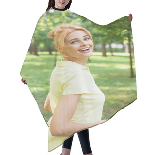 Personality  Excited Redhead Woman Looking At Camera In Summer Park Hair Cutting Cape