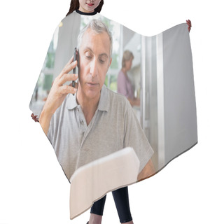 Personality  Focused Man Calling With A Sheet Of Paper Hair Cutting Cape