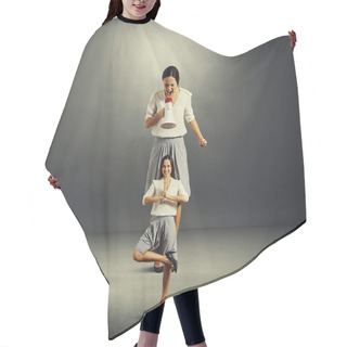 Personality  Woman Screaming At Small Yoga Woman Over Dark Hair Cutting Cape