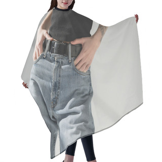 Personality  Cropped View Of Woman In Denim Jeans Posing On Grey Background  Hair Cutting Cape