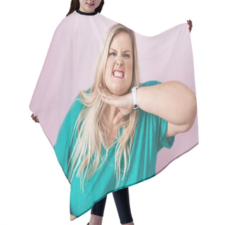 Personality  Caucasian Plus Size Woman Standing Over Pink Background Cutting Throat With Hand As Knife, Threaten Aggression With Furious Violence  Hair Cutting Cape