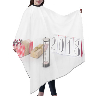 Personality  Close Up View Of Blank Calendar, Sand Clock And Wrapped Gifts Isolated On White Hair Cutting Cape