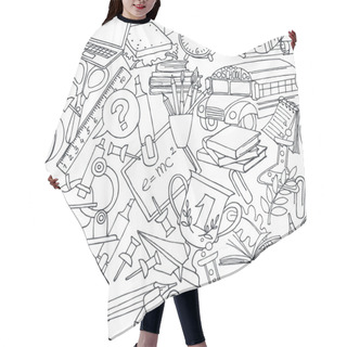 Personality  Back To School Seamless Pattern Of Kids Doodles With Bus, Books, Hair Cutting Cape
