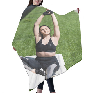 Personality  Happy Sportswoman With Closed Eyes Sitting On Fitness Mat Outside  Hair Cutting Cape