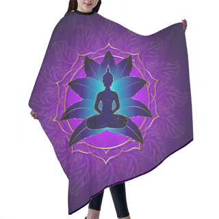 Personality  Buddha Silhouette In Lotus Position Over Gold Ornate Mandala Lotus Flower. Vector Illustration Isolated On Purple Background. Buddhism Esoteric Motifs, Chakra Concept, Spiritual Yoga Hair Cutting Cape
