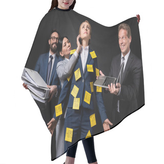 Personality  Stressed Businesswoman With Colleagues Hair Cutting Cape