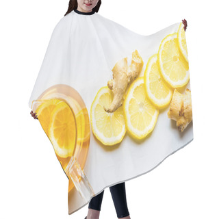 Personality  Top View Of Hot Tea With Lemon And Ginger On White Background Hair Cutting Cape